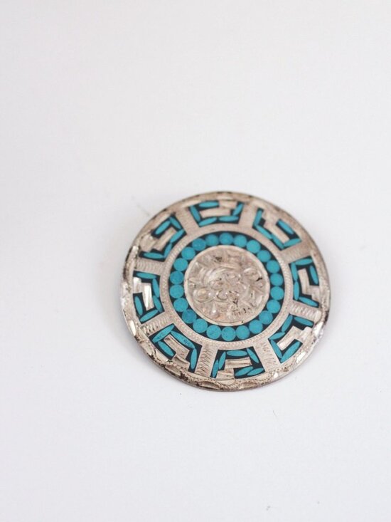 Vintage Mexico Mayan Aztec Warrior Pendant | Working 925 Jewelry Vintage Sterling Silver Turquoise Brooch Pendant Mosaic Inlay Aztec Mayan